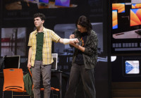 Connor Murphy (Jake DiMaggio Lopez) signs his “best friend” Evan Hansen’s (Cody Combs) cast in Paramount Theatre’s Dear Evan Hansen.