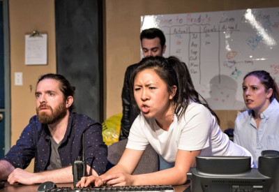 Adam Soule, Stephanie Shum and Elise Marie Davis with (back) Alejandro Tey in Plainclothes at The Den Theatre.