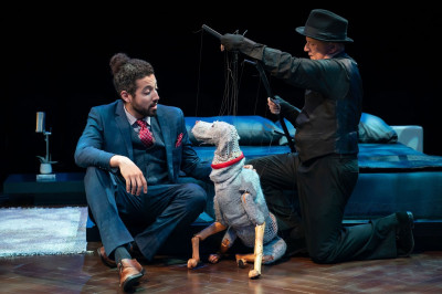 Heath Saunders and puppeteer Phillip Huber in 'Darling Grenadine' at Marriott Theatre