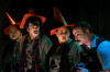 Cmdr. Macbeth confronts the three Witches (L to R) Emily Ruth, Jacob Reno, Eva Andrews, Travis Barnhart