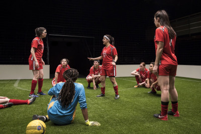 The cast of The Wolves by Sarah DeLappe, directed by Vanessa Stalling at Goodman Theatre (February 9–March 11, 2018).