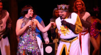 Colette Todd (left) stars as Lady of the Lake with Larry Adams as King Arthur, in “Spamalot" at Theatre of the Center