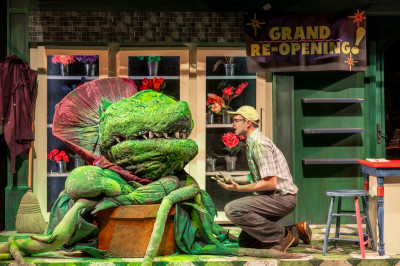 Alex Villaseñor (Audrey II puppeteer) and Jimmy Hogan in LITTLE SHOP OF HORRORS from Music Theater Works now playing at the North Shore Center for the Performing Arts through November 17th.