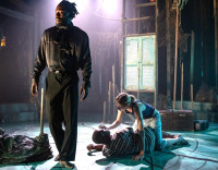 Sheldon D. Brown (left) as Apparition, Terry Guest as Z, and Ben Sulzberger as Danny in About Face Theater’s The Magnolia Ballet, at the Den Theatre through June 11.