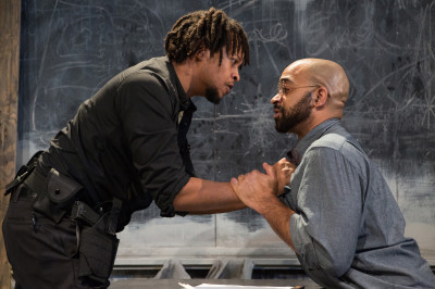 (left to right) Gregory Fenner and Martel Manning in The Gift Theatre’s production of The Pillowman .