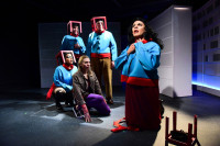 (front, right) David Cerda with (back, l to r) Morgan McNaught, Carlos Olmedo, Christine Mayland Perkins and Michael Peters in The New Colony’s world premiere of PSYCHONAUT LIBRARIANS by Sean Kelly, directed by Krissy Vanderwarker.