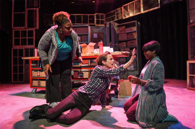 (left to right) Deanna Reed-Foster, Rebecca Jordan and Demetra Dee in Shattered Globe Theatre’s Chicago premiere of BE HERE NOW.